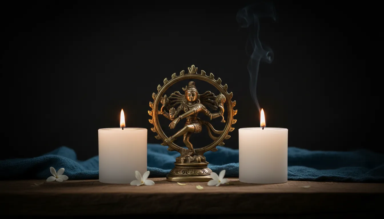 Small brass dancing Lord Shiva statue flanked by two glowing white candles at night