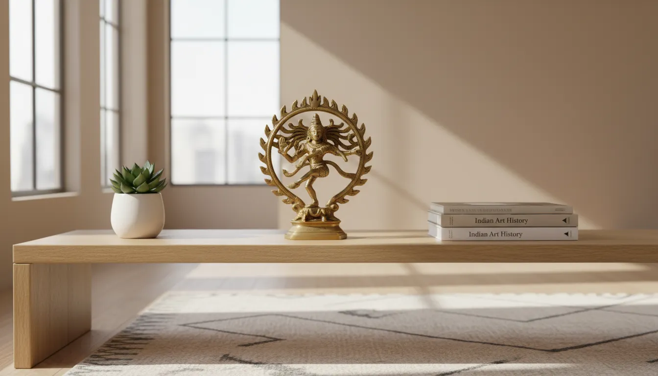 Small brass dancing Lord Shiva Nataraja statue displayed on a wooden living room shelf