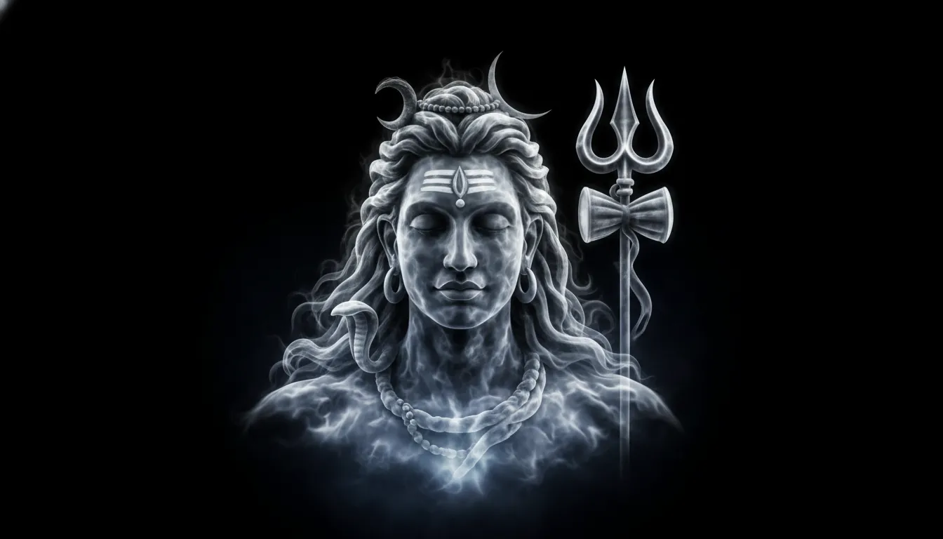 Smoke art manipulation creating the form of Lord Shiva using white smoke overlays on a dark background.