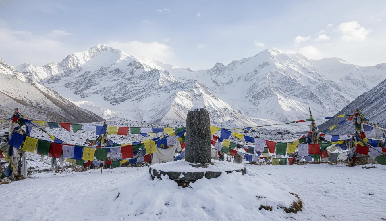 Stone lingam surrounded by snow with high mountains and prayer flags in the background