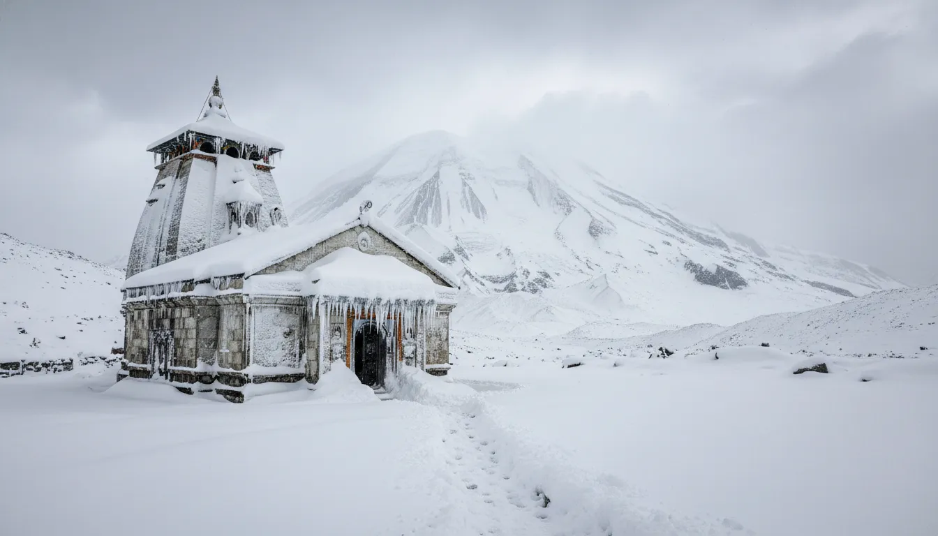 Snow-Covered Temple with Mount Kailash Winter Scene