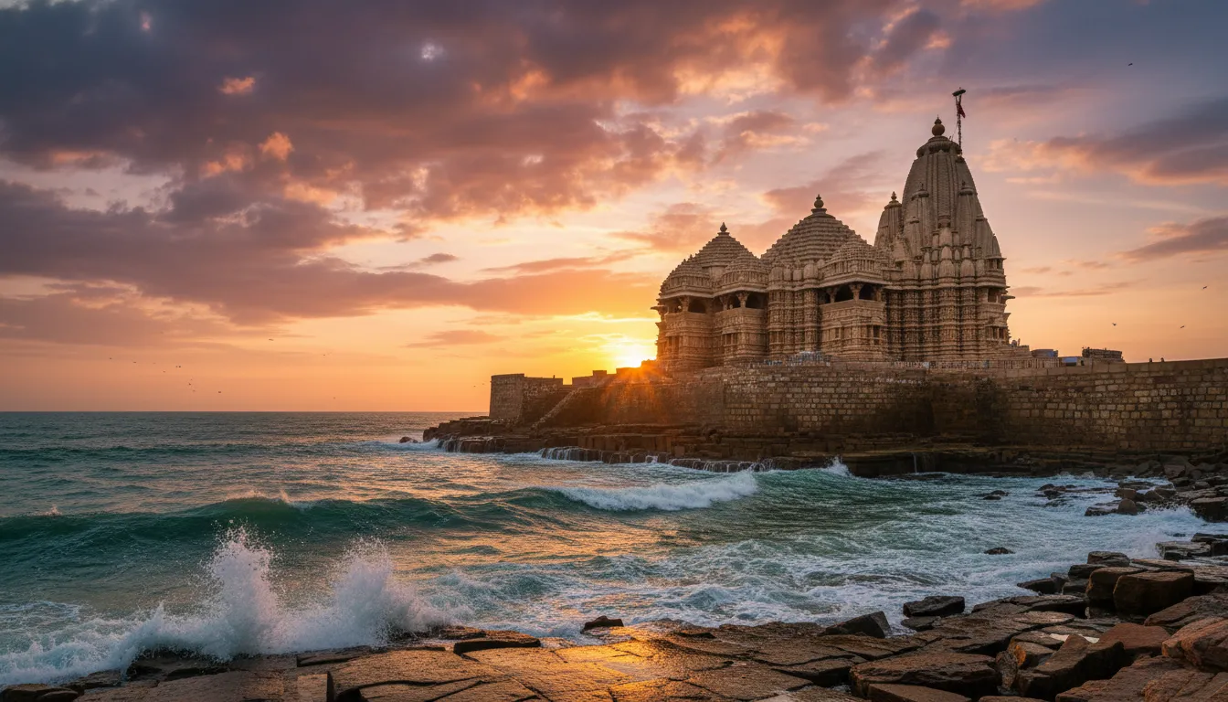 Somnath Mahadev temple at sunset next to the Arabian Sea