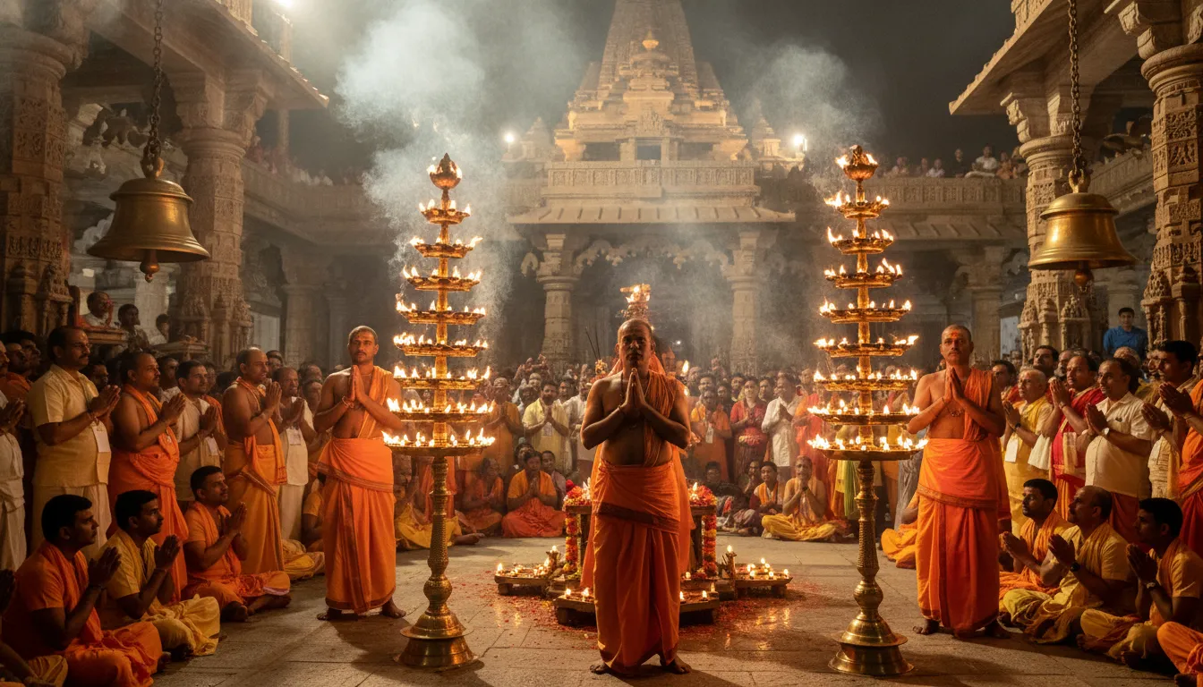 Spiritual Somnath Mahadev photo showing priests performing the grand evening Maha Aarti with large lamps.