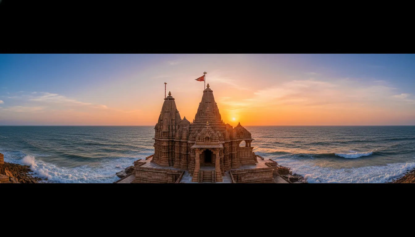 Somnath Mahadev mandir located on the Arabian Sea coast at sunset