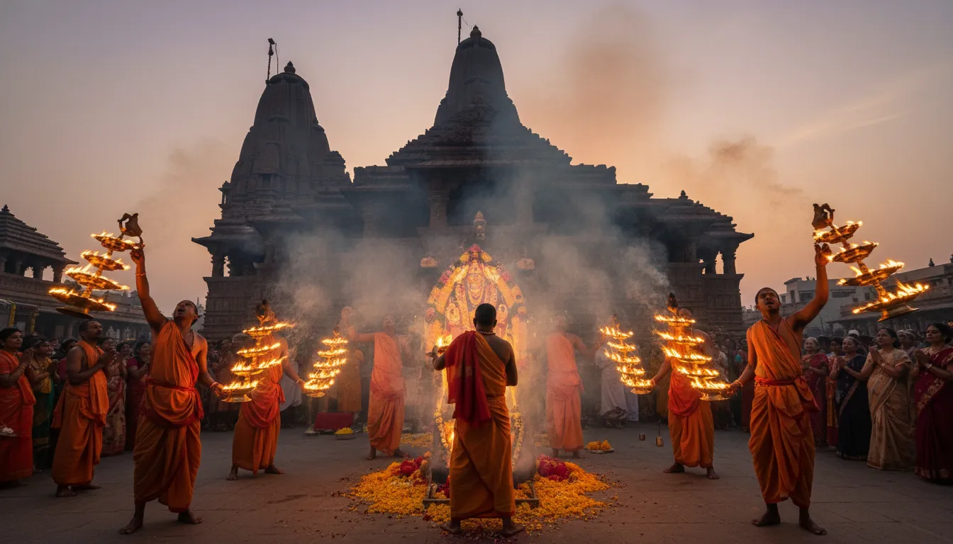 Priests performing morning Maha Aarti at Somnath Temple with brass lamps