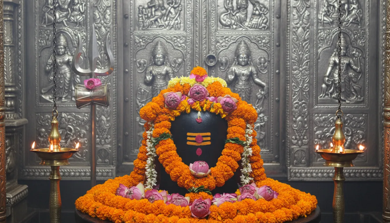 Sacred Somnath Mahadev Shiva Lingam decorated with flowers and offering