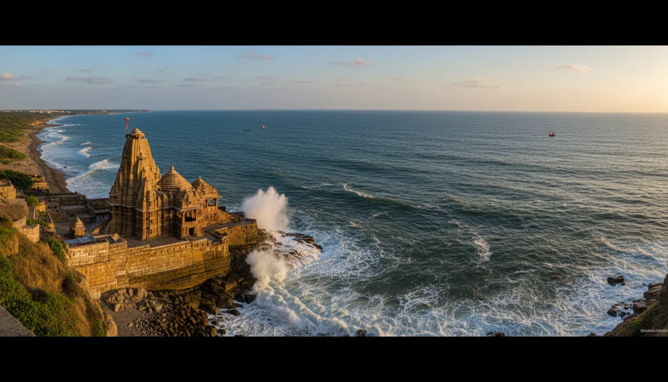 Wide-angle Somnath Mahadev photo showcasing the temple building situated right next to the Arabian Sea.