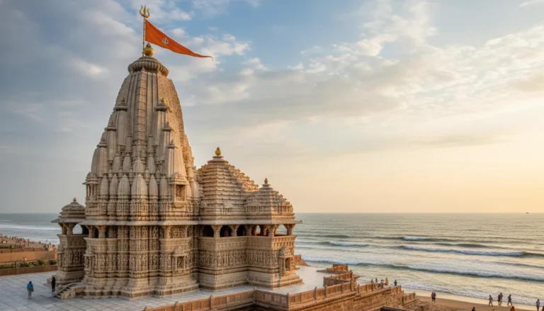 A beautiful Somnath Mahadev photo showing the grand architecture of the temple against a blue sky.