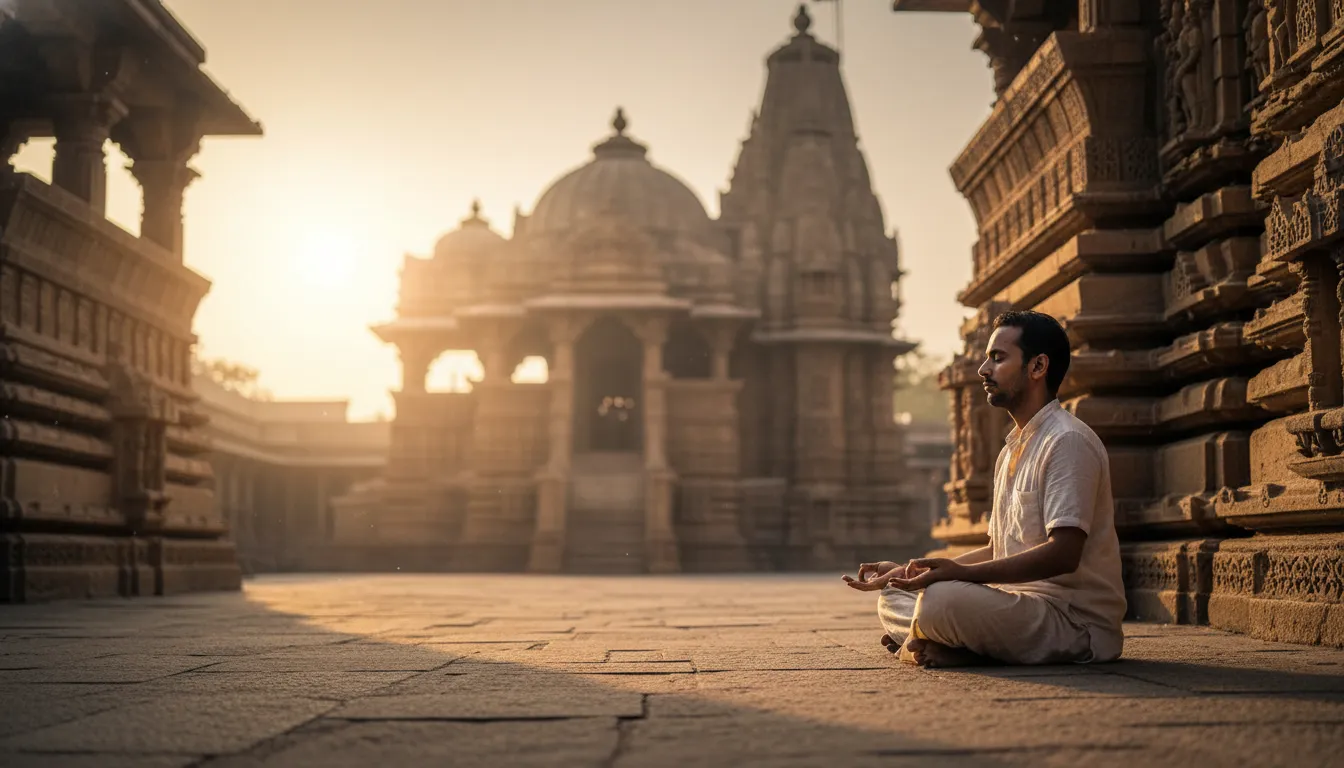 Peaceful Somnath Mahadev photo showing a devotee meditating silently inside the temple courtyard.