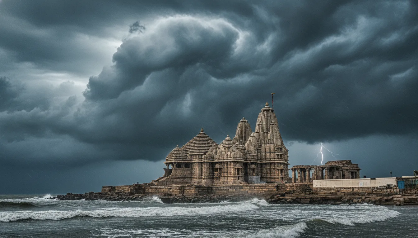 Dramatic Somnath Mahadev photo with dark monsoon clouds hovering over the historic temple.
