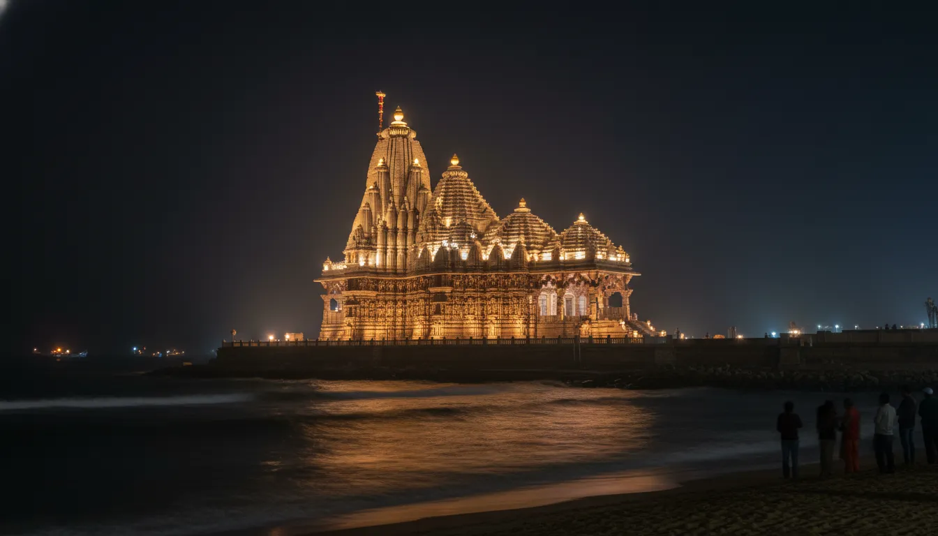 Nighttime Somnath Mahadev photo showing the temple beautifully lit up with colorful lights.