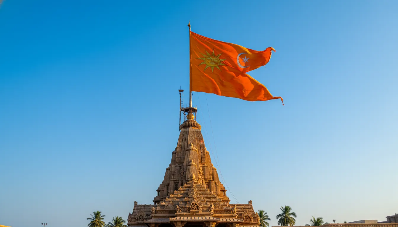 Symbolic Somnath Mahadev photo focusing on the sacred saffron flag flying high on the temple spire.