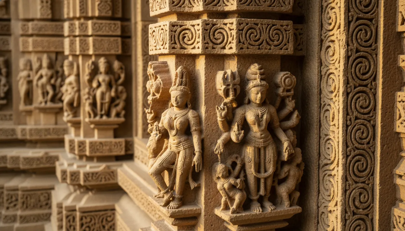 Detailed Somnath Mahadev photo focusing on the intricate stone sculptures and carvings on temple pillars.