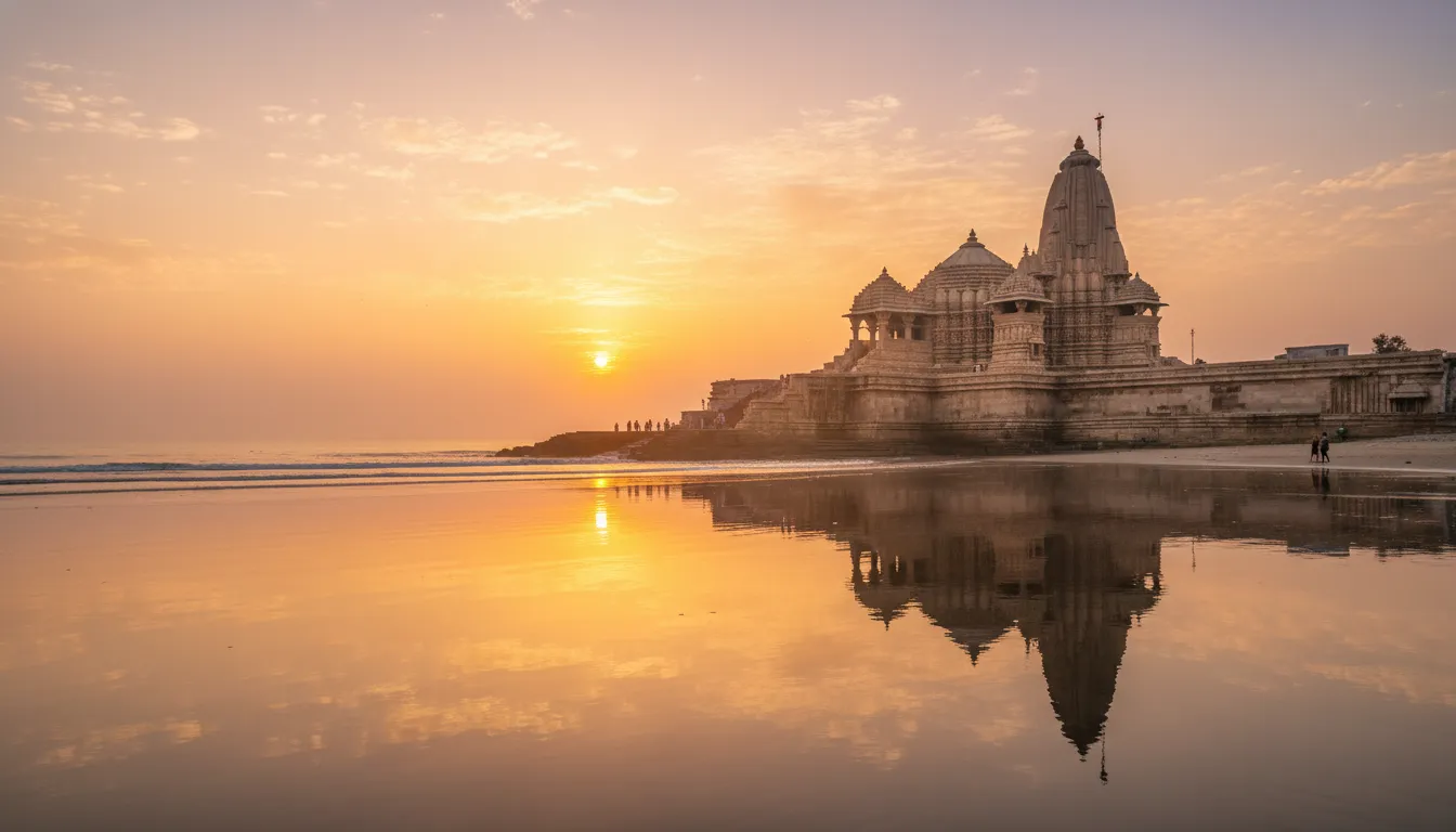 Scenic Somnath Mahadev photo capturing the temple during a golden sunrise by the sea.