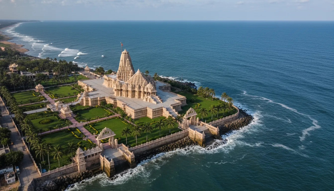 Bird's eye view of Somnath Mahadev temple complex and sea coast
