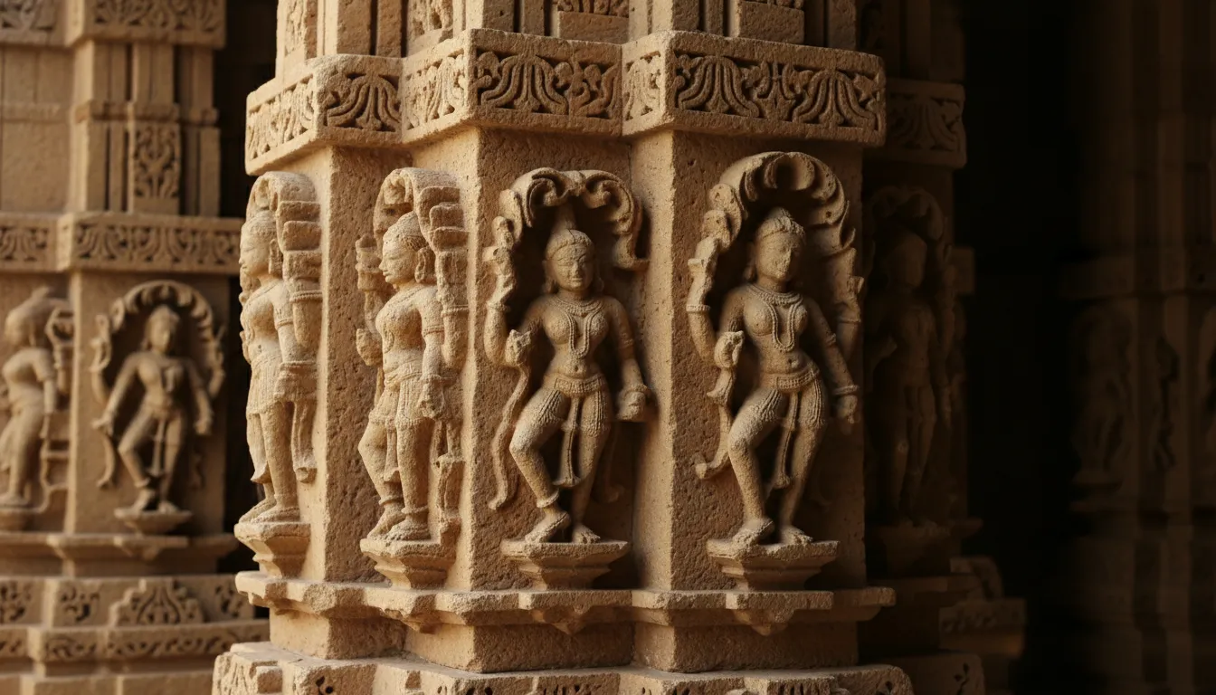 Detailed stone carvings on the pillars of Somnath Mahadev temple