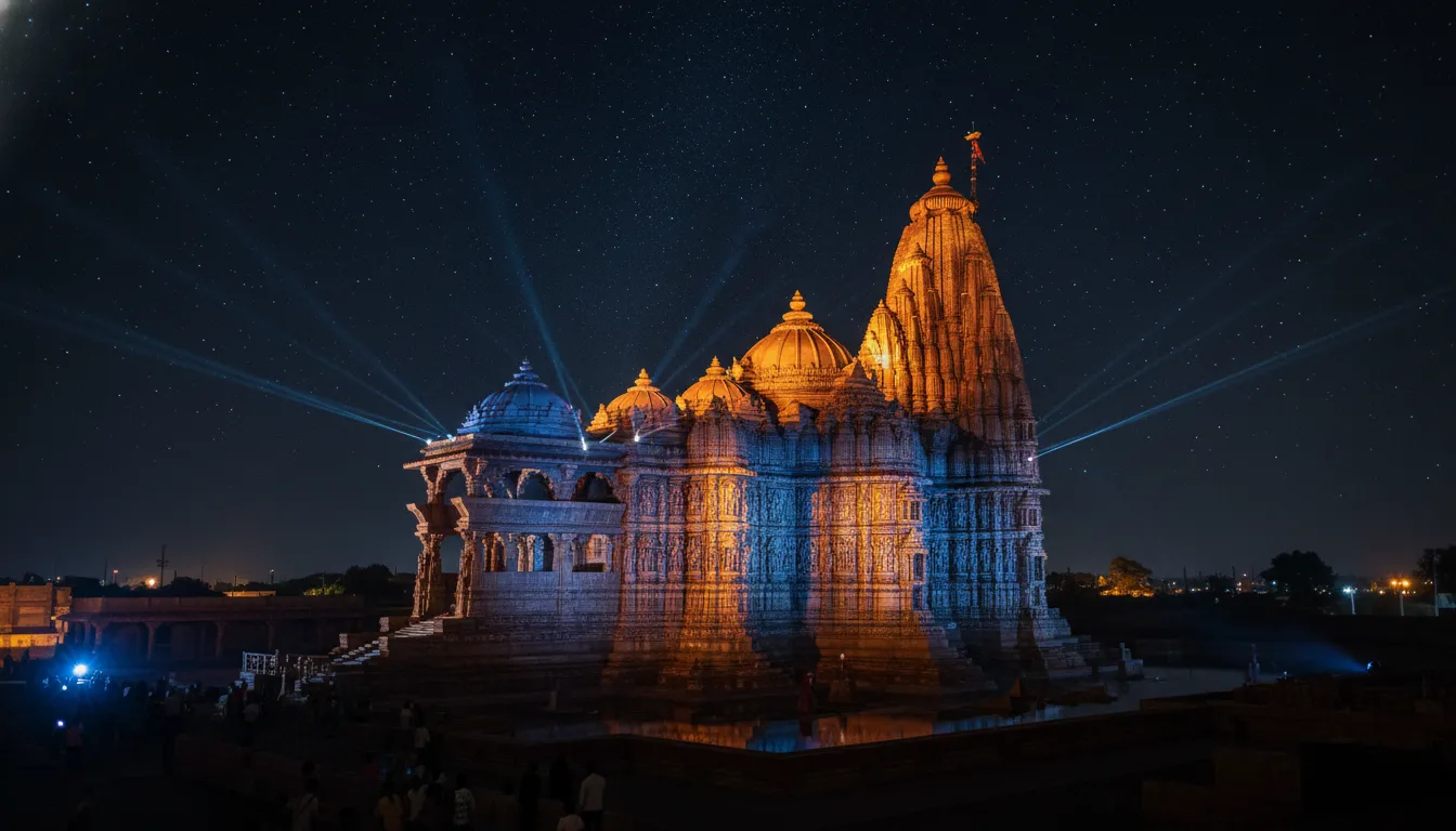 Somnath Mahadev temple illuminated with colorful lights at night