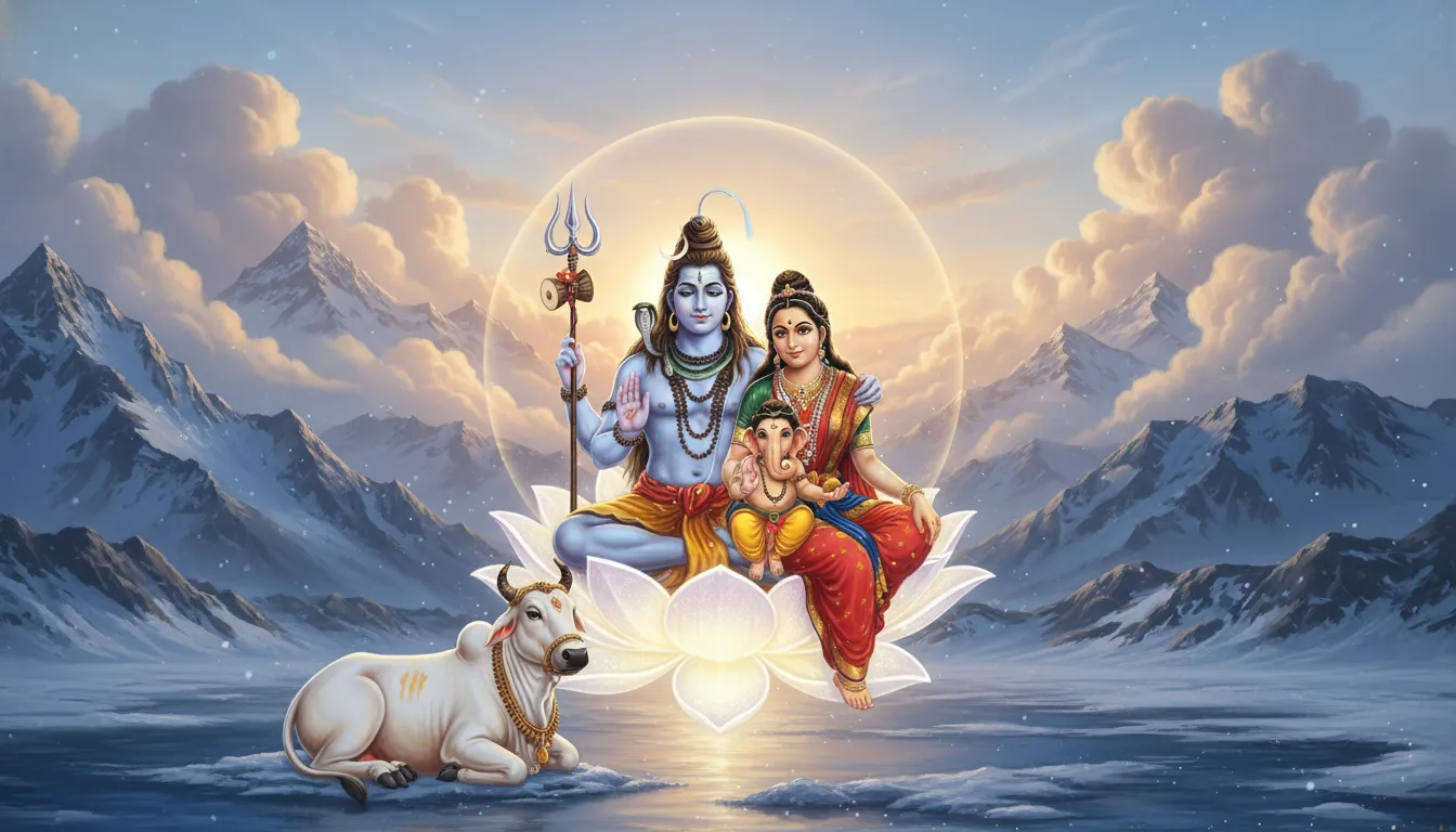 A peaceful environment with snowy mountains, clouds, and the divine family representing ultimate serenity.