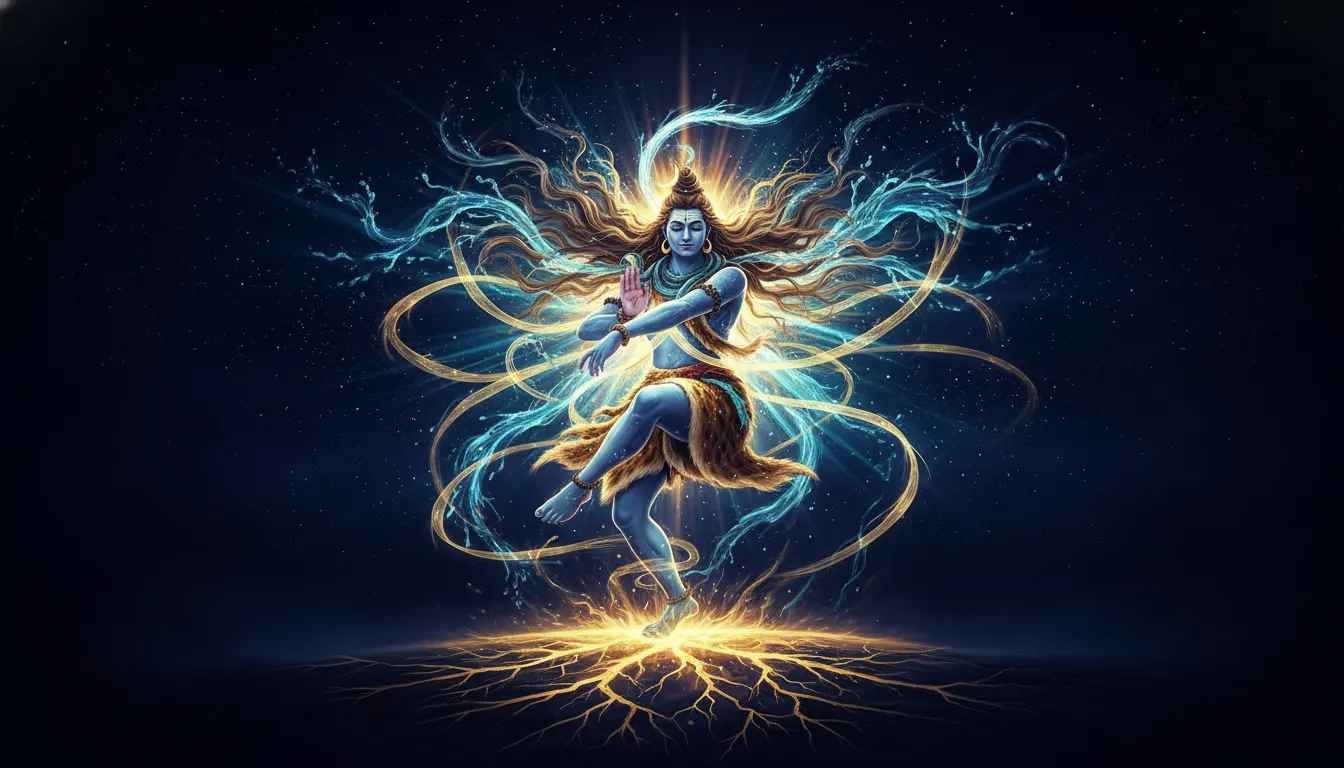 Digital painting of dancing Lord Shiva surrounded by glowing spiritual aura and stars