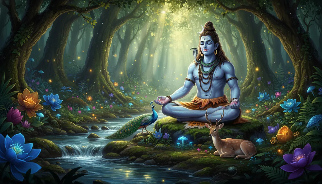 Lord Shiva meditating in an ancient forest har har mahadev photo 3d.