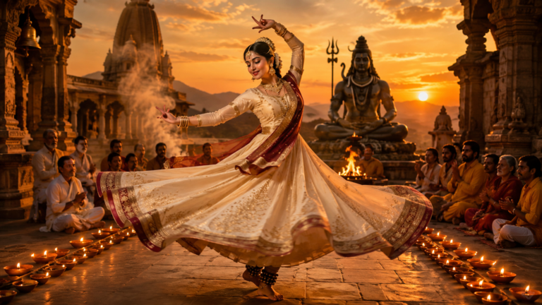 Kathak dancer spinning gracefully during an evening Shiva puja ceremony inside a temple courtyard