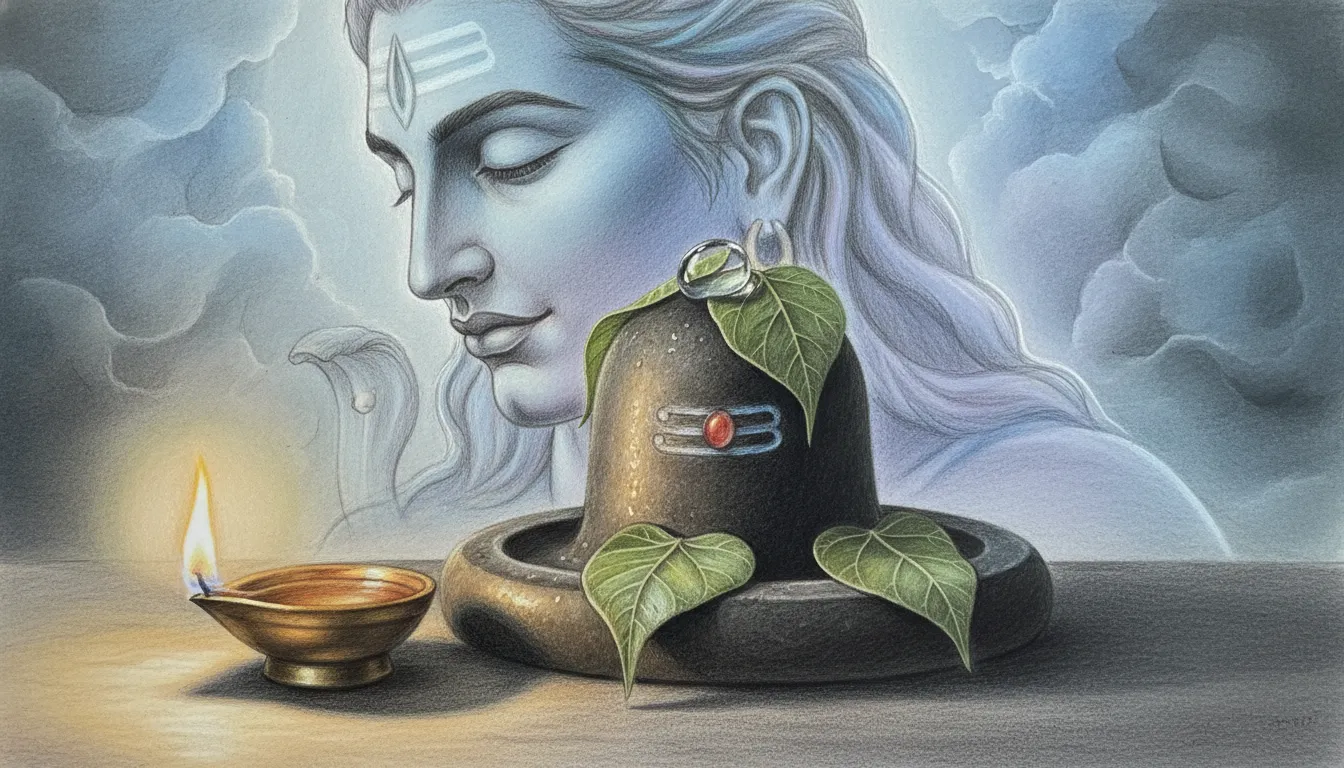 A spiritual drawing showing the shadow profile of Mahadev emerging behind a holy Shivalinga.