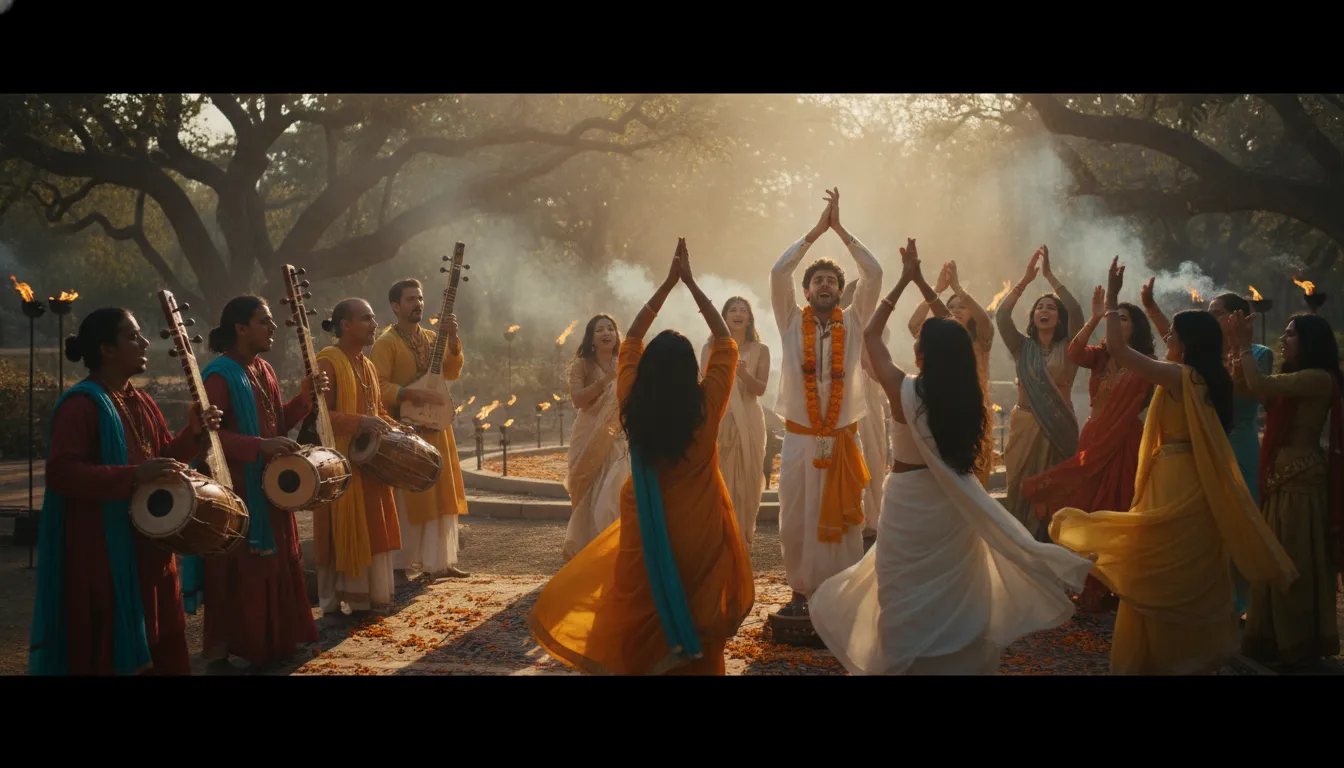 People playing traditional instruments and singing during a spiritual music sacred ceremony gathering scene.