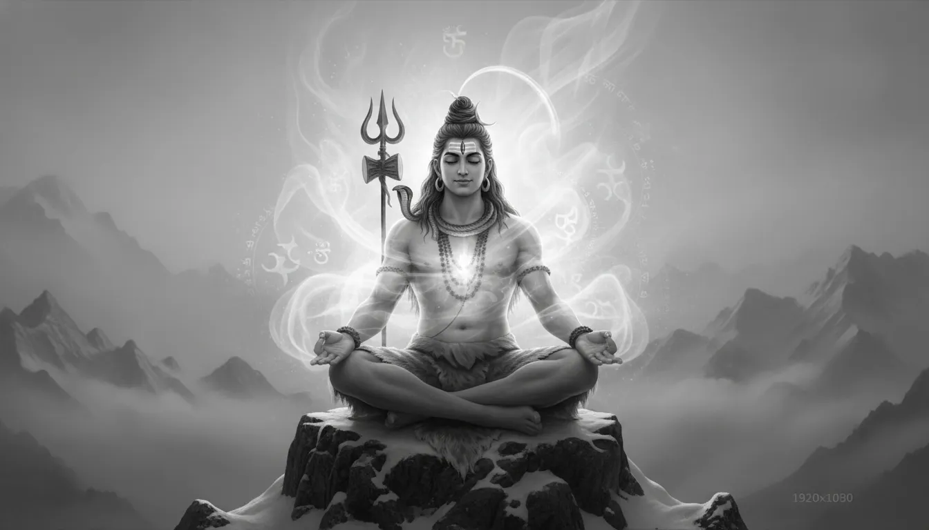 Spiritual black and white Shiva meditation art with mist background