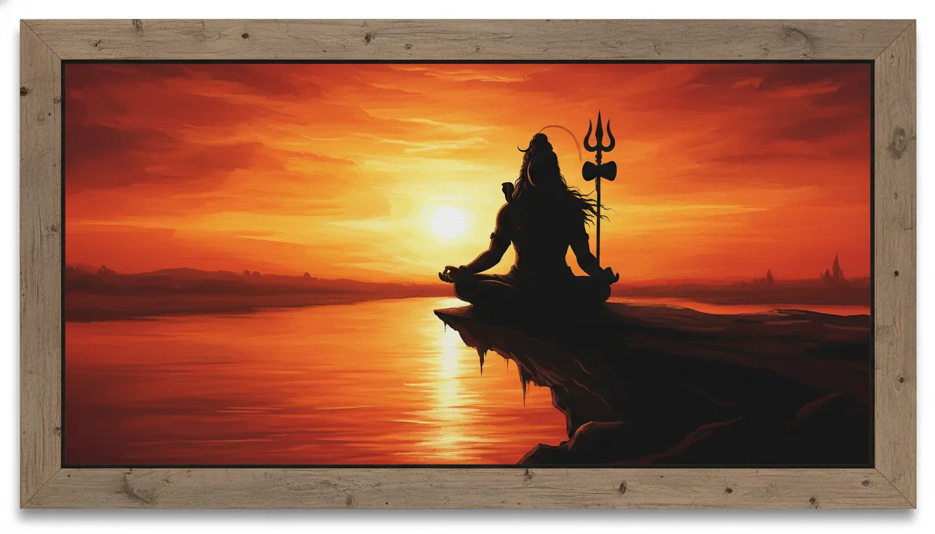 Silhouette of Lord Shiva sitting on a hill during a golden sunset photo frame