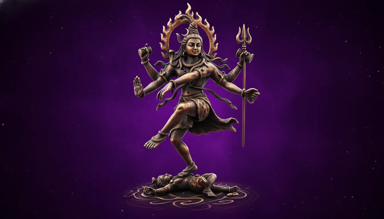 Detailed bronze statue of Shiva performing the Tandava dance against a royal violet background
