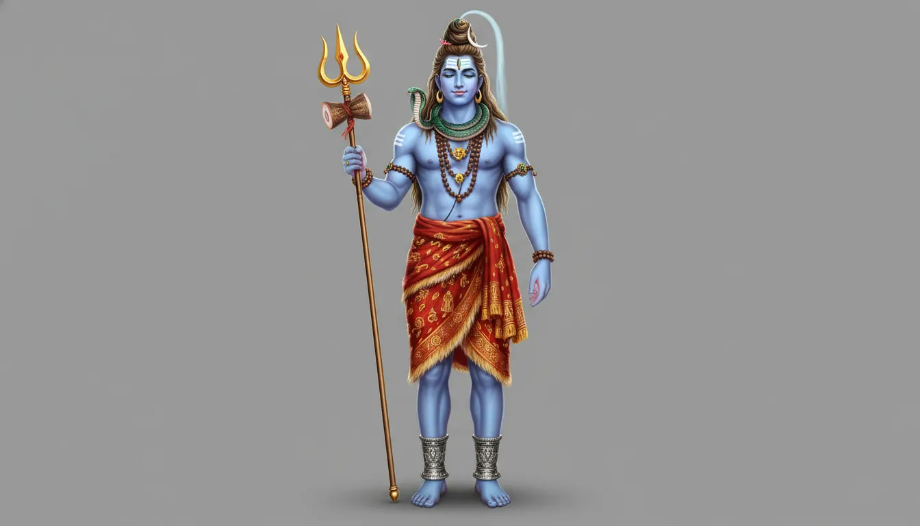Lord Shiva standing with a golden trident, blue-toned skin, red cloth, beaded necklaces, and traditional ornaments.