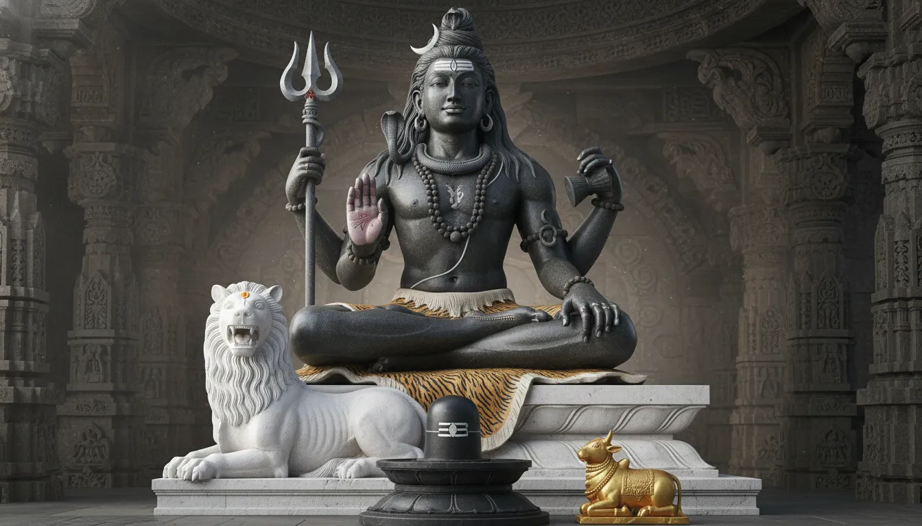 : A blue-toned Shiva figure standing with a trident, drum, snake, beads, and traditional animal-print cloth against a black background.