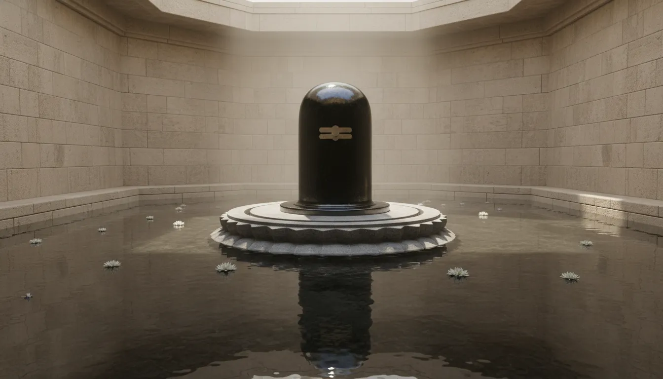 stone Shiva lingam placed in a water-filled base inside a stone temple