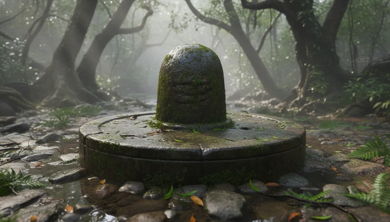 Outdoor Shiva Lingam surrounded by moss and wet stone surface