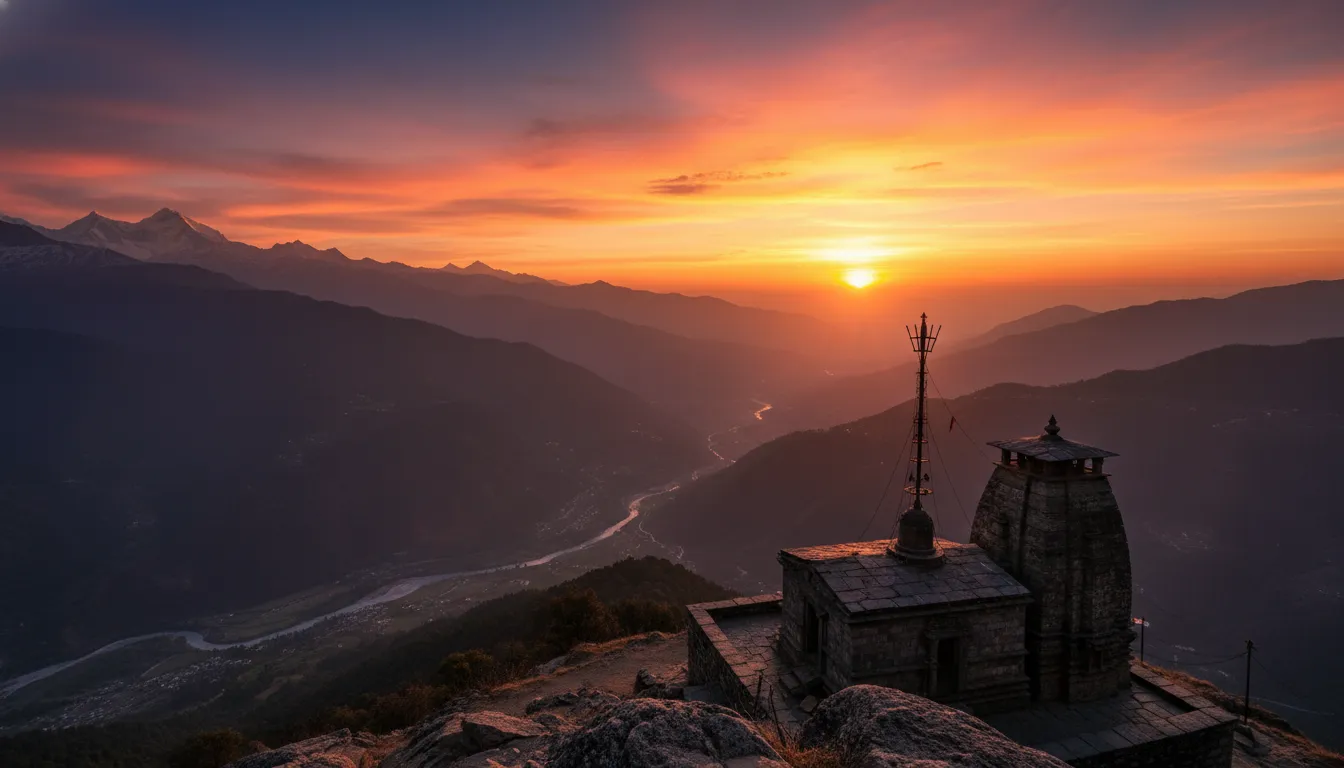 Vibrant sunset golden hour view over the valleys from Bijli Mahadev Temple Kullu.