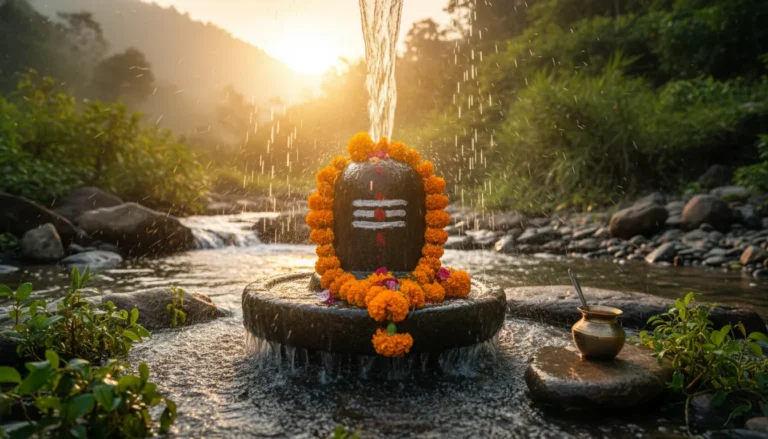 A sacred Shiva Lingam decorated with marigold flowers under a waterfall at sunrise.