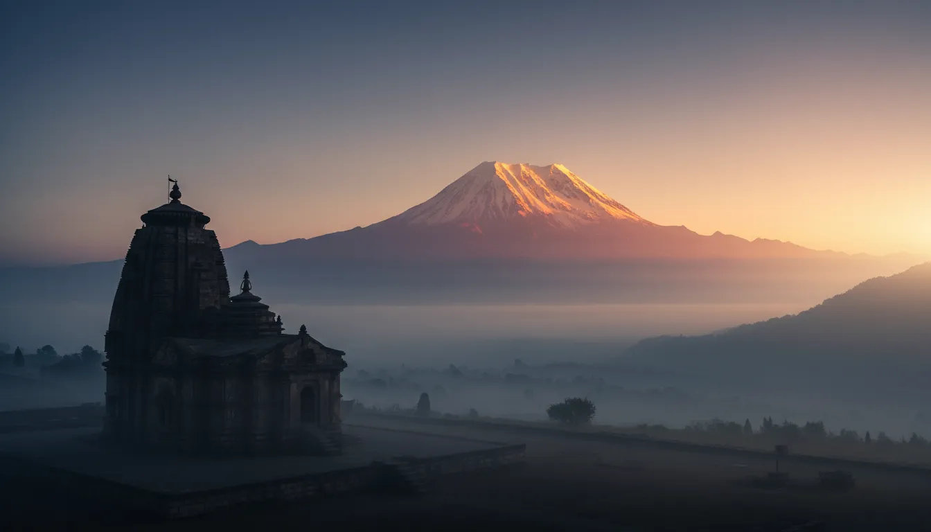 Sunrise at Shiva temple with Mount Kailash glowing in golden light