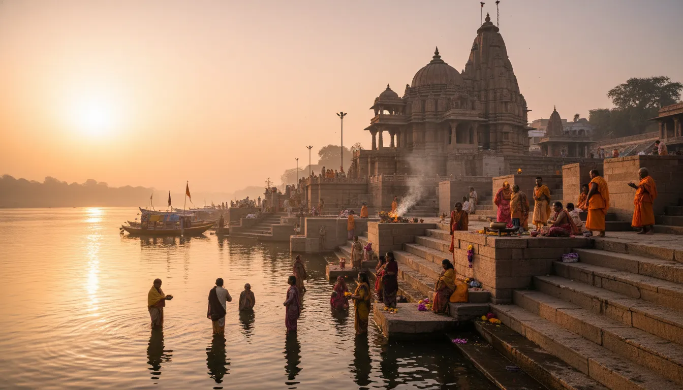 Devotees gathering on the stone steps of Narmada river ghats near Omkareshwar temple during a golden sunrise.