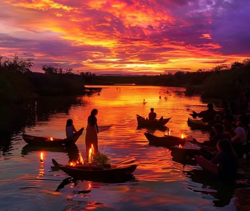 A golden hour sunset sacred ceremony gathering scene by a riverbank with people holding small lights.