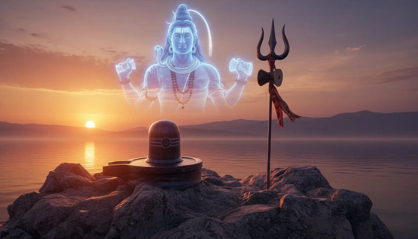A Shiva lingam and trident on a rocky surface with a large glowing Shiva figure in the sunset background.