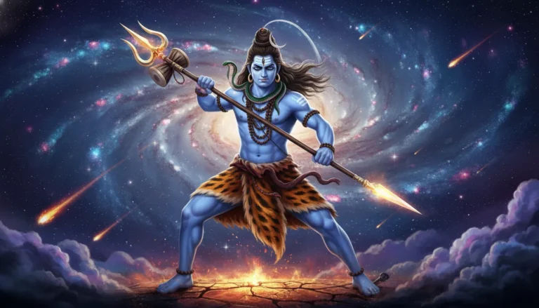 Supreme Lord Shiva in a mid-motion trident strike stance surrounded by cosmic galaxy stars.