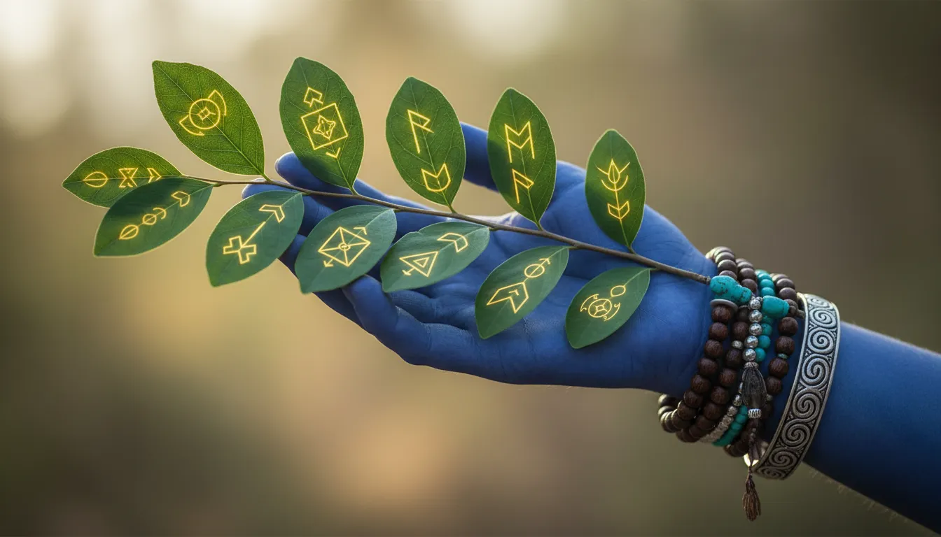 : Blue hand holding green leaves with spiritual symbols and beads