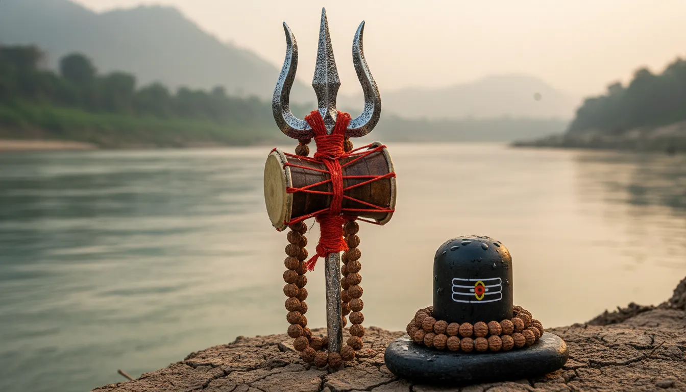 Detailed markandey mahadev photo highlighting the sacred Trishul, Damru, and Rudraksha beads.
