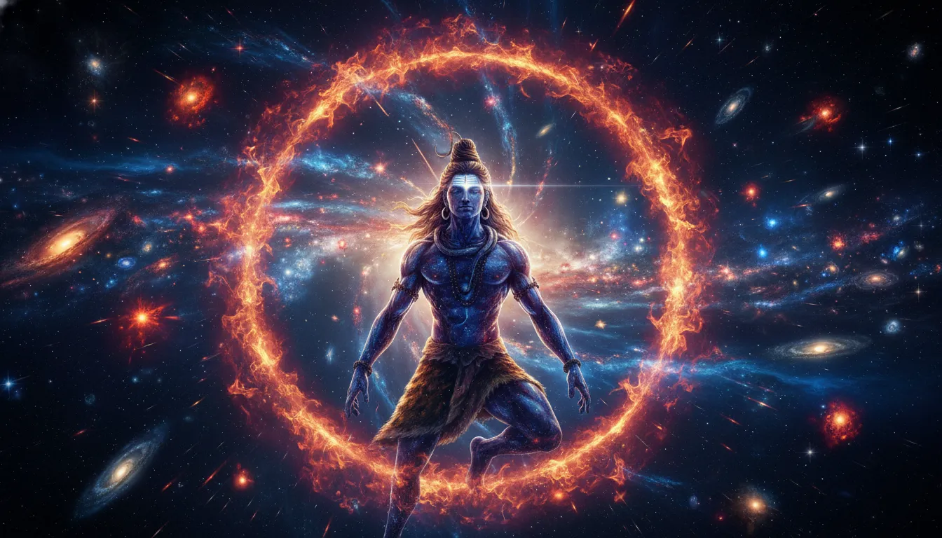 Intense Tandava dance of Lord Shiva with explosive cosmic energy and nebula backgrounds
