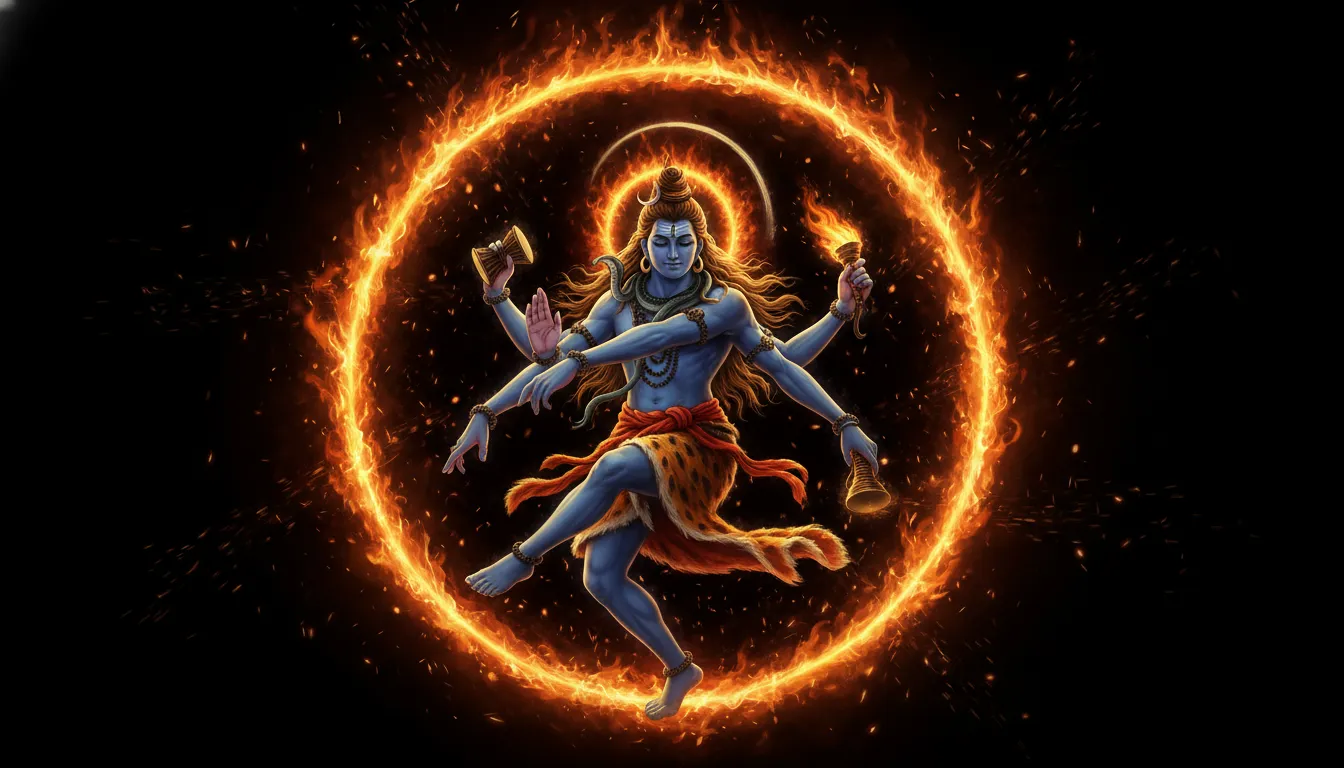 Lord Shiva performing the divine Tandava dance inside a massive ring of cosmic fire.
