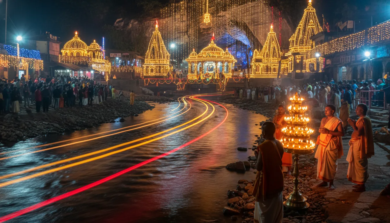 The magical Beautifully illuminated Tapkeshwar Mahadev Mandir during evening Aarti celebrations with colorful lights.