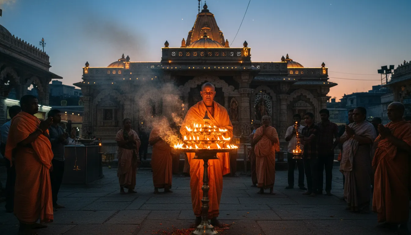 Temple priest performing the evening aarti with a large brass lamp at Tarkeshwar Mahadev.
