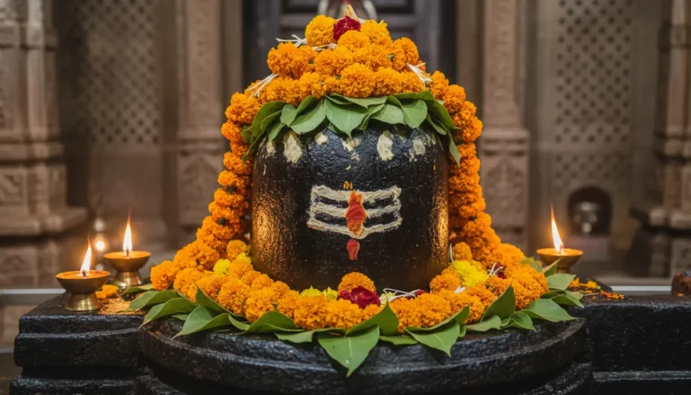 Divine Shivling of Tarkeshwar Mahadev temple decorated with fresh flowers and bael leaves.