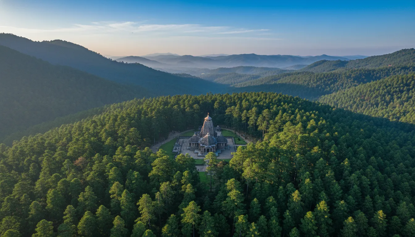 Drone perspective of Tarkeshwar Mahadev temple hidden completely inside a dense green valley.