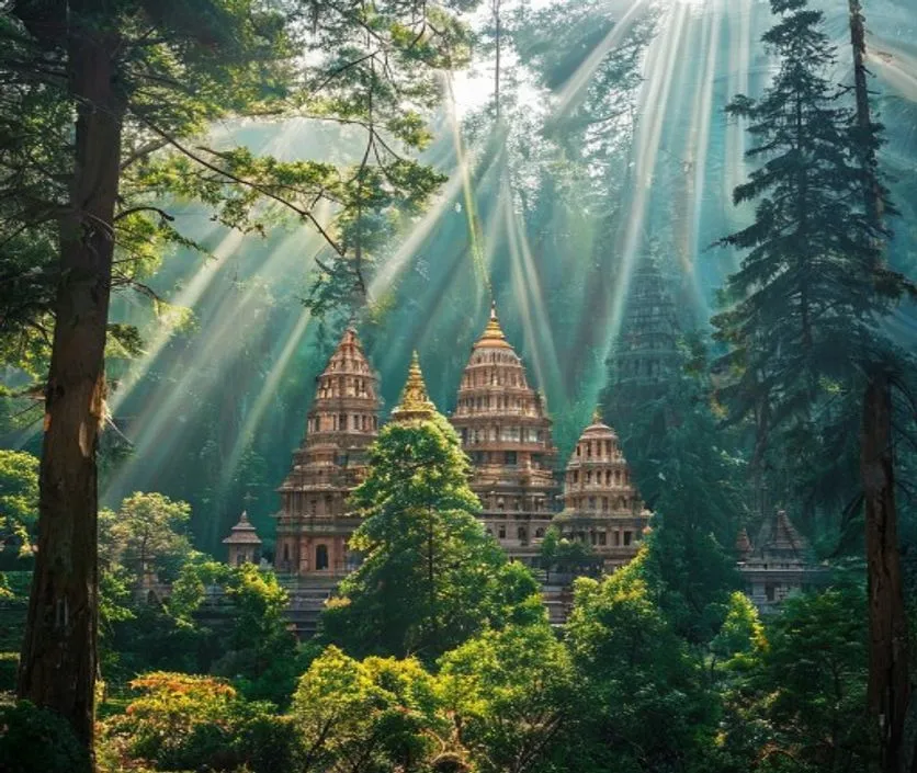 Tarkeshwar Mahadev temple structure nestled amidst tall green deodar and pine trees in Uttarakhand.